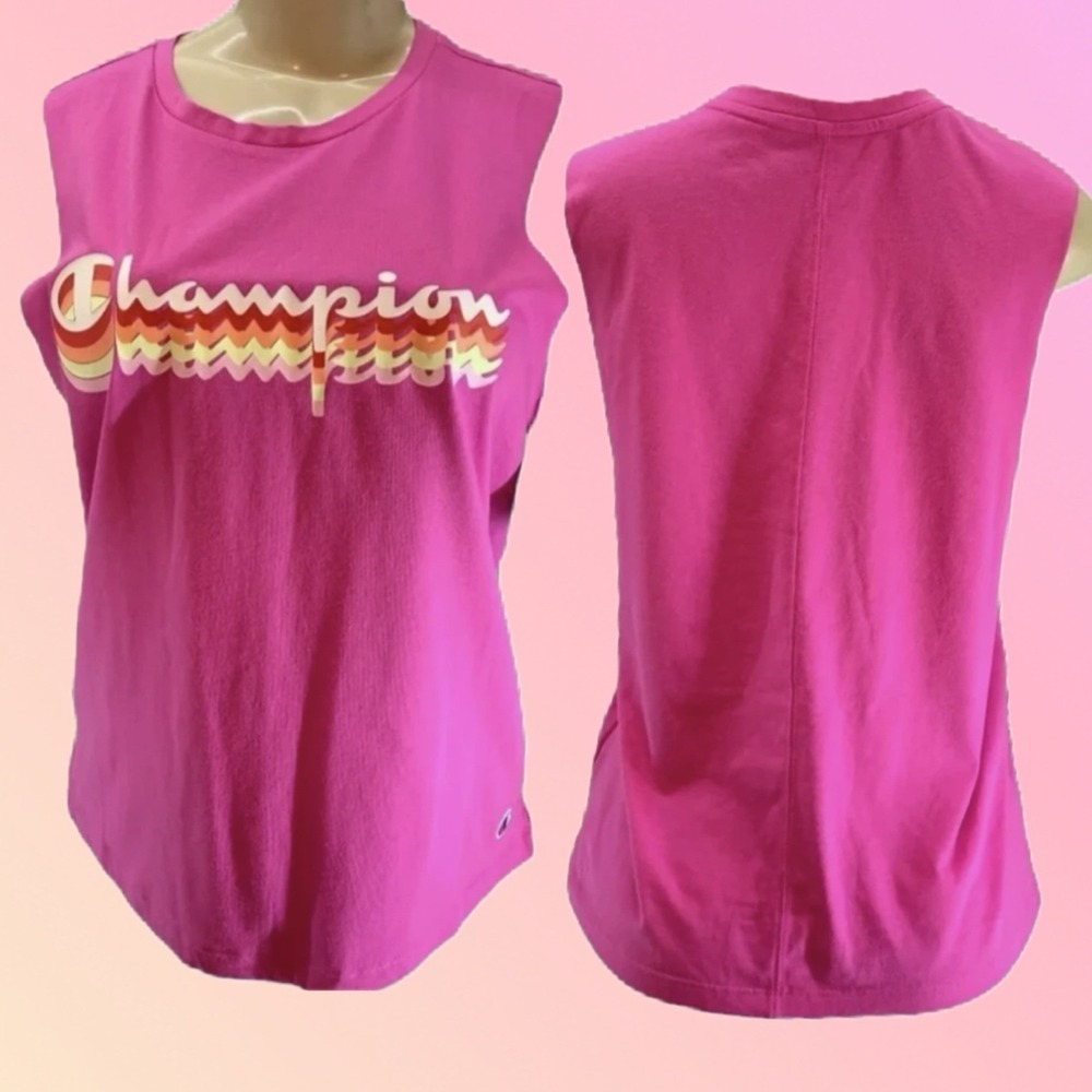 Champion L Womens Pink Muscle Tank Top Retro Logo Name Graphic Crew Cotton Blend